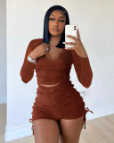 Solid Long Sleeve Drawstring Shorts 2 Piece Sets ME-8156