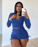Solid Long Sleeve Drawstring Shorts 2 Piece Sets ME-8156
