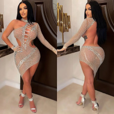 Sexy Fashion Night Club Hot Diamond Backless Irregular Dress BY-5762