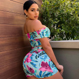 Floral Print Slash Neck Two Piece Shorts Sets OLYF-6099