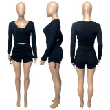 Solid Long Sleeve Drawstring Shorts 2 Piece Sets ME-8156