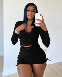 Solid Long Sleeve Drawstring Shorts 2 Piece Sets ME-8156