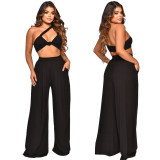 Solid Crop Top Wide Leg Pants Two Piece Sets YF-10157