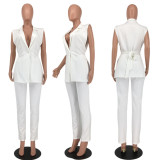 Solid Sleeveless Split Blazer Two Piece Sets SMD-82095