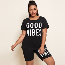 Plus Size Letter Print T Shirt Shorts 2 Piece Sets ONY-6002