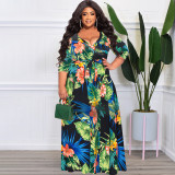 Plus Size Floral Print Sashes Maxi Dress OSIF-22350