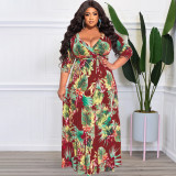 Plus Size Floral Print Sashes Maxi Dress OSIF-22350
