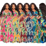 Plus Size Floral Print Sashes Maxi Dress OSIF-22350