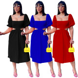 Solid Short Sleeve Hollow Out Midi Dress TE-4449