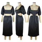 Solid Short Sleeve Hollow Out Midi Dress TE-4449