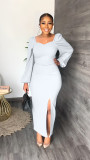 Solid Long Sleeve Split Maxi Dress MIL-L323