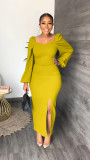 Solid Long Sleeve Split Maxi Dress MIL-L323