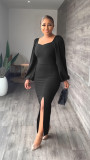 Solid Long Sleeve Split Maxi Dress MIL-L323