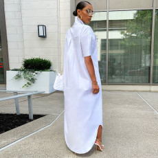 White Short Sleeve Maxi Shirt Dress OLYF-6104