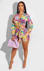 Floral Print Long Sleeve Two Piece Shorts Sets XMY-9369