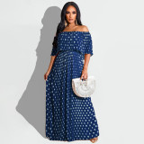 Plus Size Polka Dot Print Slash Neck Maxi Dress OSIF-22385