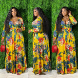 Plus Size Floral Print V Neck Sashes Maxi Dress OSIF-22357
