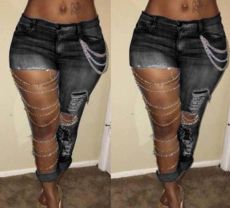Fashion Chain Ripped Pencil Jeans XCFF- 243