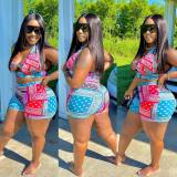 Plus Size Printed Halter Two Piece Shorts Sets ONY-7010