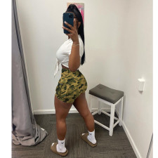 Fashion White Top Camo Cargo Pocket Shorts Two Piece Sets GDYF-6920