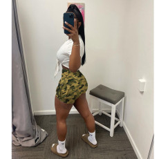 Fashion White Top Camo Cargo Pocket Shorts Two Piece Sets GDYF-6920