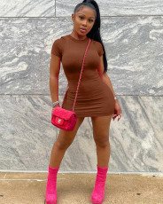 Plus Size Sexy Tight Solid Color Short Sleeve Mini Dress FNN-8683