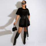 Denim Patchwork Short Sleeve Belted Mini Dress HNIF-HN087