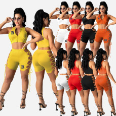 Sexy Sleeveless Zipper Lace-Up Two Piece Shorts Sets XMF-134