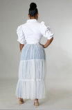 Mesh Patchwork Puff Sleeve Shirt XHXF-935