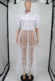 Mesh Patchwork Puff Sleeve Shirt XHXF-935