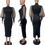 Black Long Sleeve Patchwork Split Midi Dress XHXF-211