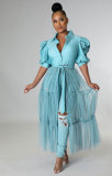 Mesh Patchwork Puff Sleeve Shirt XHXF-935
