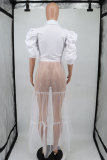 Mesh Patchwork Puff Sleeve Shirt XHXF-935