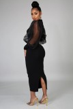Black Long Sleeve Patchwork Split Midi Dress XHXF-211