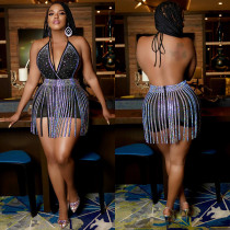Sexy Hot Drilling Halter Bodysuit+Tassel Mini Skirt 2 Piece Sets BY-5871