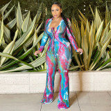 Tie Dye Print Long Sleeve Lace-Up 2 Piece Pants Sets YF-10169