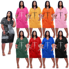 Plus Size Letter Print V Neck Loose Midi Dress HNIF-017