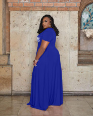 Plus Size Pink Letter Print Short Sleeve Maxi Dress WAF-774392