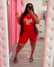Plus Size Pink Letter Print Two Piece Shorts Sets WAF-71612