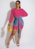 Denim Patchwork Embroidery Letter Belted Mini Dress MEM-88449