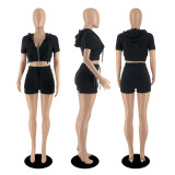 Solid Hooded Zipper Two Piece Shorts Sets DDF-88182
