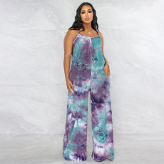 Plus Size Tie Dye Print Sling Loose Jumpsuit OSIF-22403