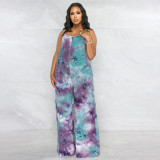 Plus Size Tie Dye Print Sling Loose Jumpsuit OSIF-22403