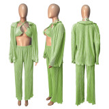 Solid Bra+Shirt+Wide Leg Pants 3 Piece Sets ME-8169