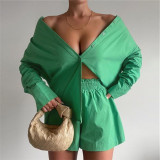 Solid Long Sleeve Shirt And Shorts 2 Piece Sets ME-8161