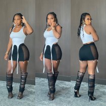 Sexy Tank Top Mesh Patchwork Mini Skirt 2 Piece Sets NM-8521