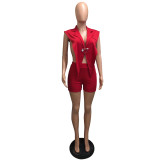 Solid Sleeveless Blazer Top And Shorts 2 Piece Sets(With Brooch) IV-8309