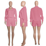 Solid Long Sleeve Shirt And Shorts 2 Piece Sets ME-8161