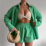 Solid Long Sleeve Shirt And Shorts 2 Piece Sets ME-8161