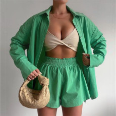 Solid Long Sleeve Shirt And Shorts 2 Piece Sets ME-8161